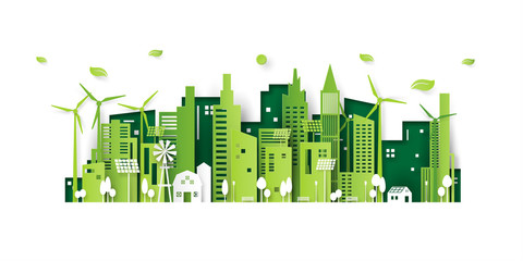 Ecology concept with green eco city background.Environment conservation resource sustainable.Vector illustration. © Man As Thep