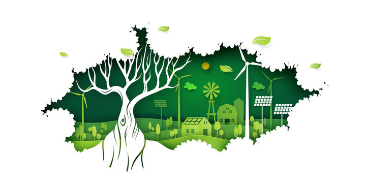 Ecology concept with big tree and green eco life background.Environment conservation resource sustainable.Vector illustration.