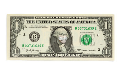 Coronavirus COVID-19 in USA. Quarantine and global recession. George Washington in healthcare surgical mask on one dollar bill. Global economy hit by corona virus outbreak and pandemic.