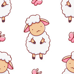 Simple seamless pattern, cute kawaii hand drawn sheep doodles