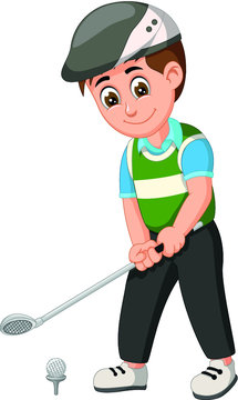 Handsome Golfer Boy With Golf Stick and Ball Cartoon