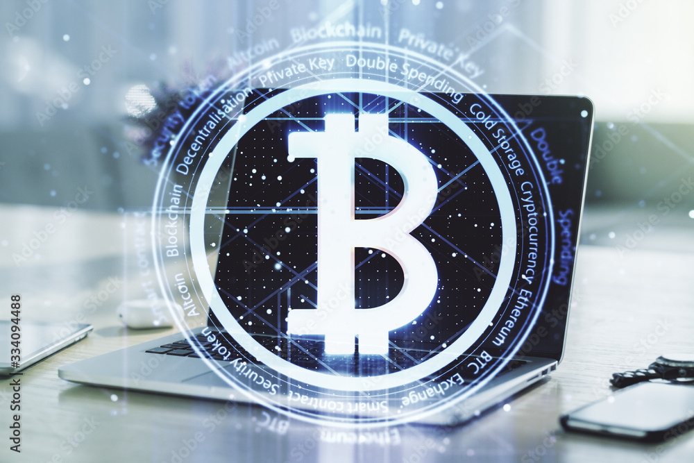 Poster double exposure of creative bitcoin symbol hologram with computer on background. mining and blockcha
