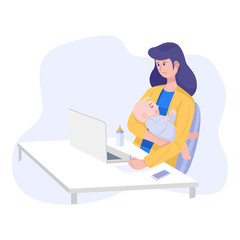 Work from home concept, Stressed mother with crying baby working on laptop computer at home. Vector