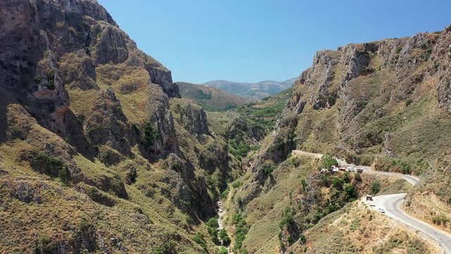 Aerial video on Topolia Gorge canyon and road tunnel. Crete, Greece.