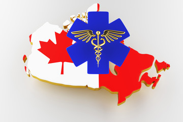 Caduceus sign with snakes on a medical star. Map of Canada land border with flag. Canada map on white background. 3d rendering