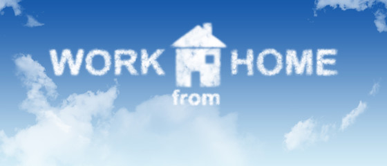 work from home cloud text on blue gradient with fluffy cloud, panorama