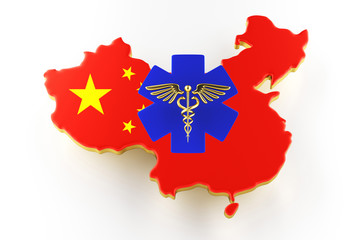 Caduceus sign with snakes on a medical star. Map of China land border with flag. China map on white background. 3d rendering