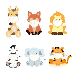 Cute animal object collection with lion,fox,elephant,tiger wear mask.Vector illustration for prevention the spread of bacteria,coronviruses