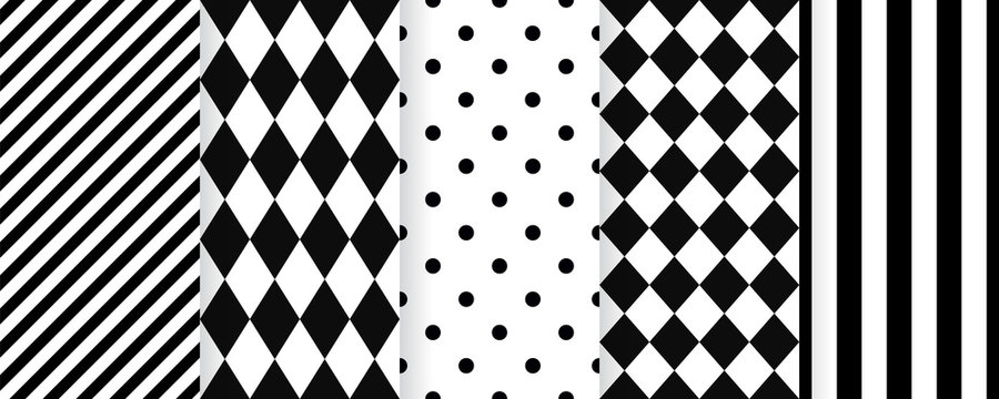 Harlequin seamless pattern. Vector. Circus black white background with rhombuses, stripes and polka dots. Grid tile texture. Geometric illustration. Diamond print.