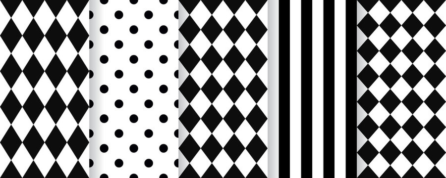 Harlequin seamless pattern. Vector. Black white background with rhombuses, stripes and polka dots. Circus grid tile texture. Diamond print. Geometric illustration.