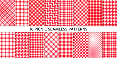 Picnic tablecloth seamless pattern. Red gingham backgrounds. Vector. Plaid cloth napkin textures. Set checkered kitchen prints. Retro wallpaper with check square glen houndstooth. Color illustration - obrazy, fototapety, plakaty
