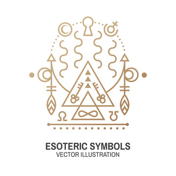 Esoteric symbols. Vector. Thin line geometric badge. Outline icon for alchemy or sacred geometry. Mystic and magic design with Gate to another world.