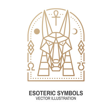 Esoteric symbols. Vector. Thin line geometric badge. Outline icon for alchemy or sacred geometry. Mystic and magic design with egyptian god Anubis, stars,moon, sun, planets and magic sign