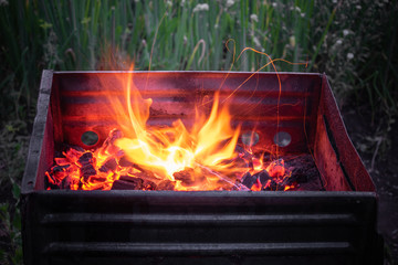 Red-hot coal. Barbecue in summer in nature