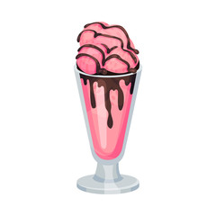 Balls of Ice Cream in Glass Tub with Chocolate Topping Vector Illustration