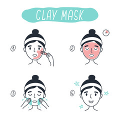 Steps how to apply facial cosmetic clay mask. Line vector elements on a white background.