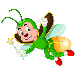 Funny Flying Green Firefly Hold Star Stick Cartoon