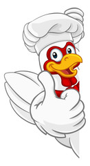 A chef chicken rooster cockerel cartoon character mascot peeking around a sign and giving a thumbs up