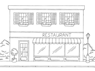 Restaurant exterior graphic black white sketch illustration vector