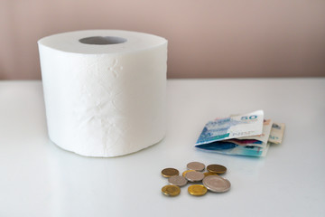  Toilet paper roll and polish money on a white background. The concept of coronavirus.