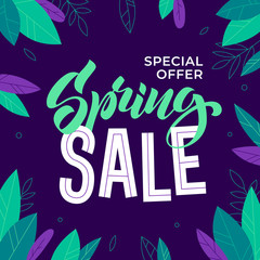 Spring Sale banner template with with leaves background. Vector cute seasonal banner in flat style.