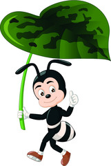 Cute Black Ant Hold Big Green Leaf With Thumb Up Hand Cartoon