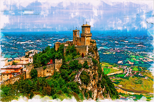 Prima Torre Guaita first fortress tower with brick walls on Mount Titano stone rock. Republic San Marino. Sketch illustration style.