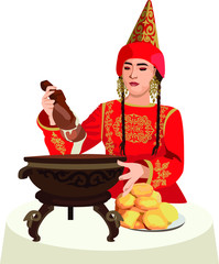 Asian beauty. Animation portrait of a beautiful girl in ancient national cap and jewelry. Central Asia. Kazakh woman pouring nauryz kozhe. Vector illustration isolated on a white background.