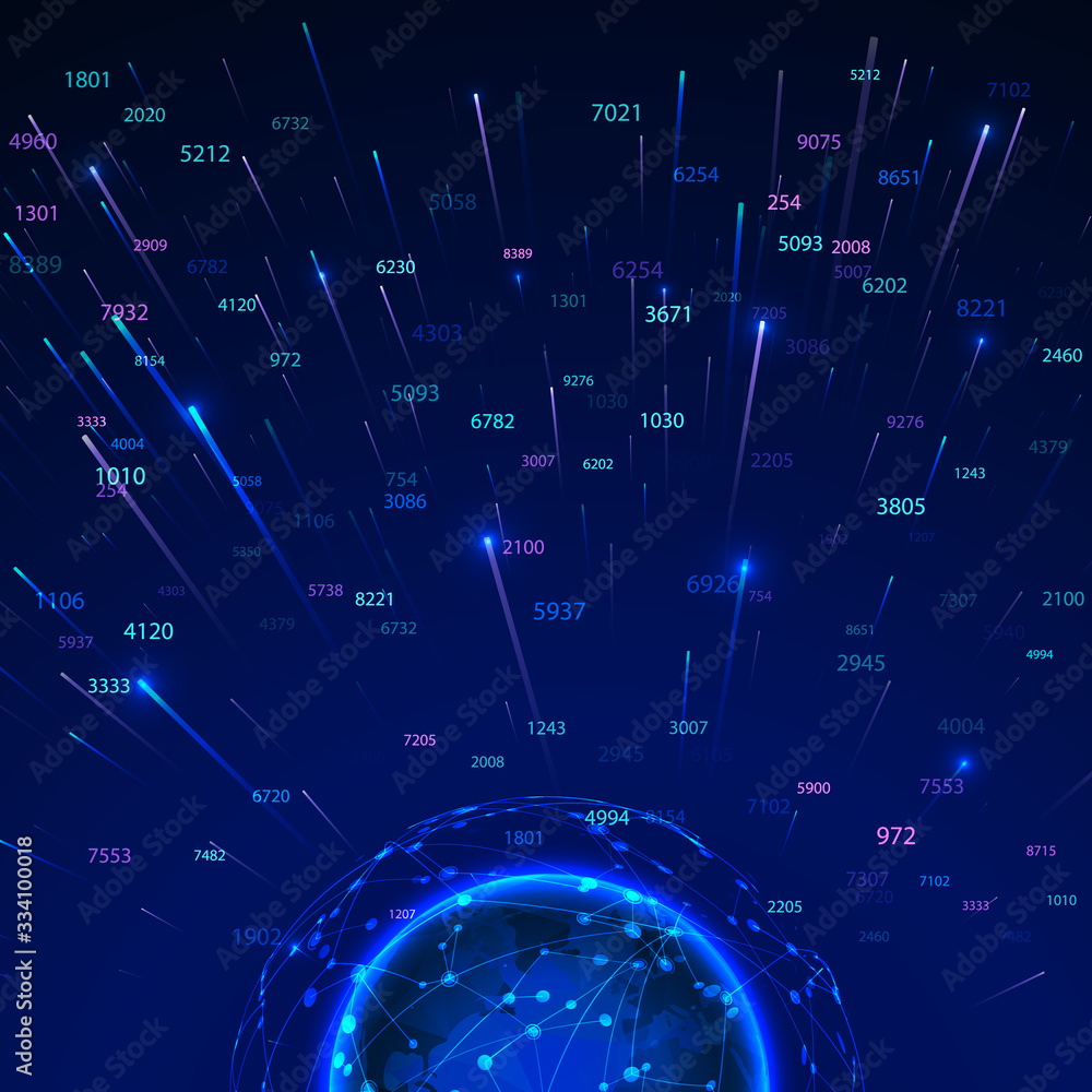Poster Big data concept. Random numbers and data streams around global network. Futuristic technology background. Vector illustration