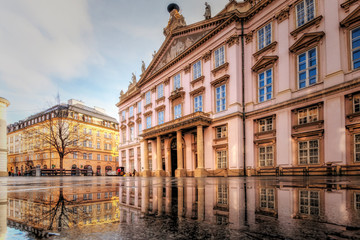 Bratislava, Slovakia- walk in the old city of Bratislava, view of the city. View of the Primate Palace in reflection