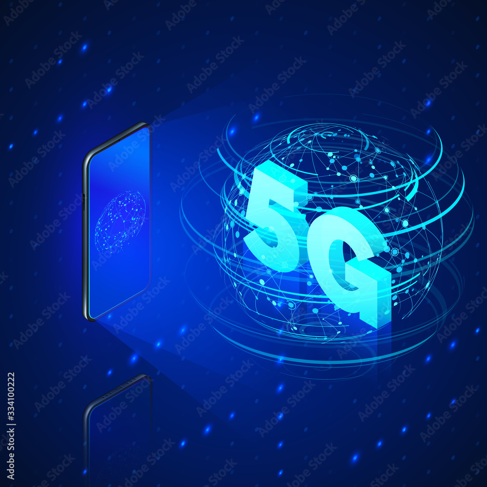 Poster 5g fast mobile networks. mobile phone and hologram of web connection or global wireless networks wit