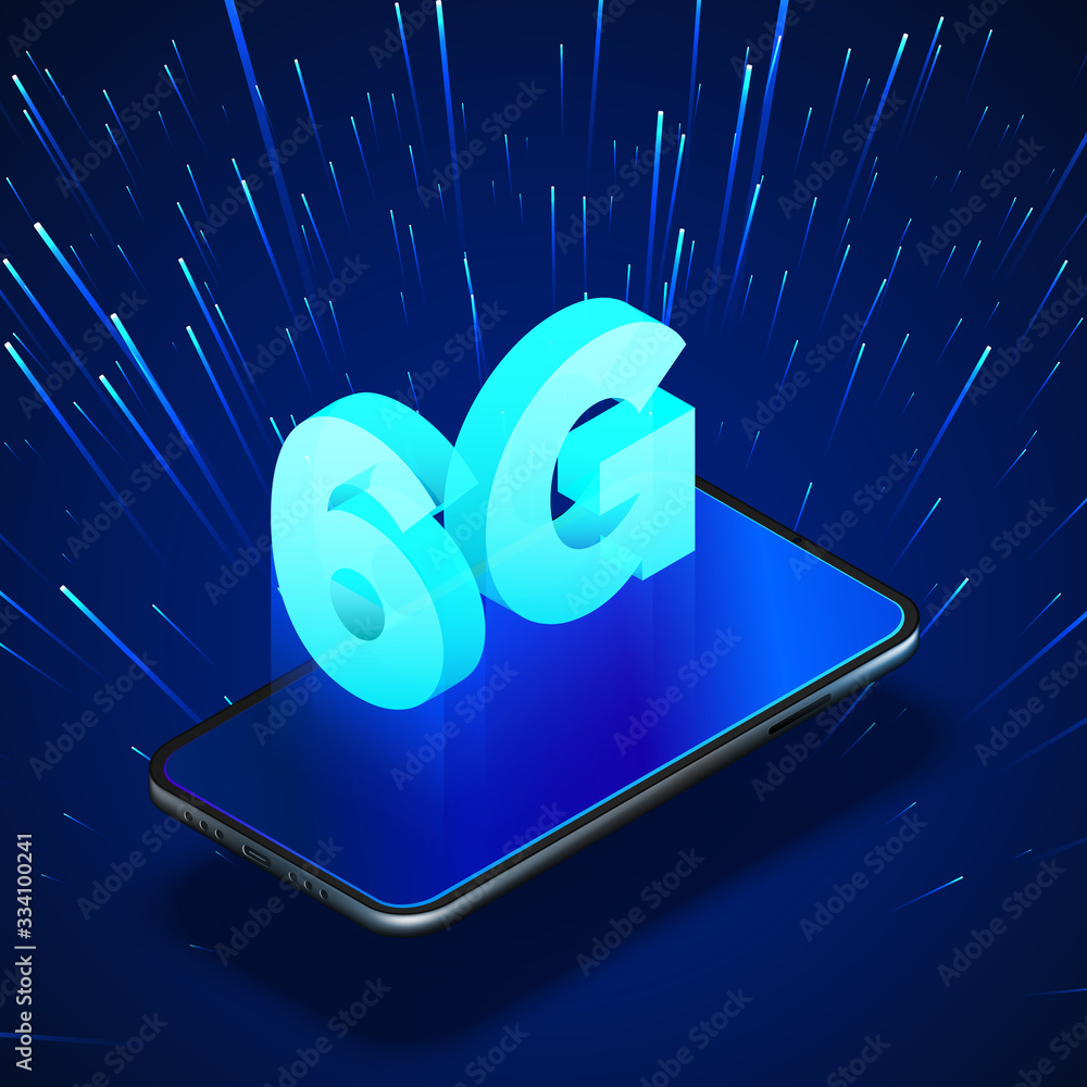 Poster high speed 6g global mobile networks. business isometric illustration smartphone with internet holog