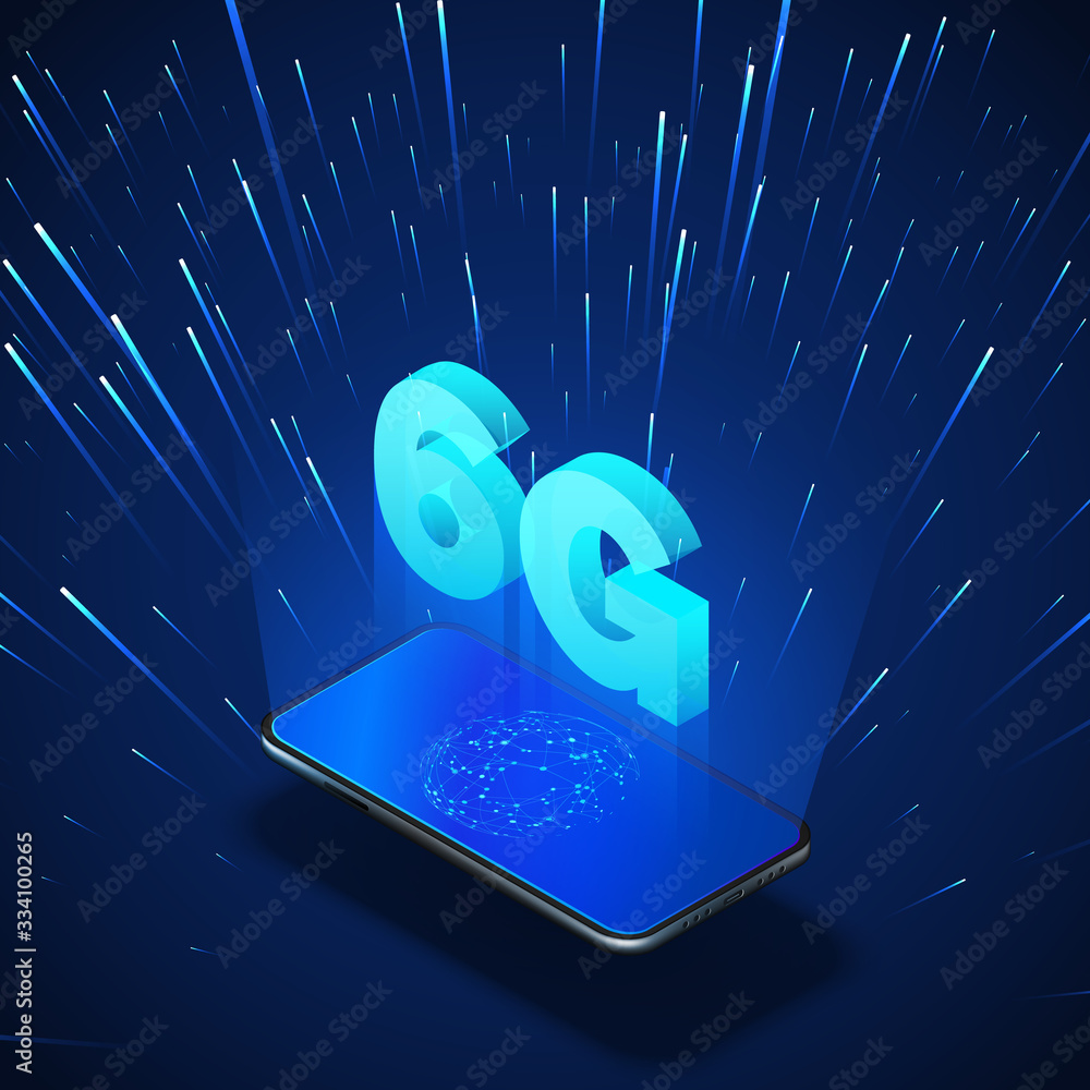 Aufkleber high speed 6g global mobile networks. business isometric illustration smartphone with internet holog