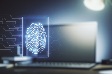 Multi exposure of abstract creative fingerprint illustration on modern laptop background, digital access concept
