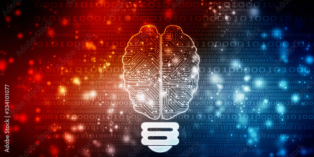 Poster 2d illustration concept of thinking, background with brain, abstract artificial intelligence. techno