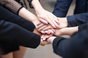 close up top view of workers putting hands together piling on top of one another representing teamwork, community help and support within the small business or company within an office environment