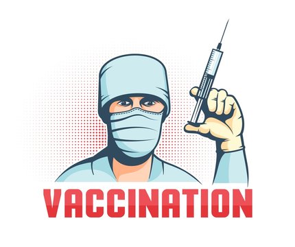 Doctor in mask with syringe in hand - retro vaccination poster. Vector illustration.