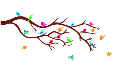 Colorful birds on a tree branch vector illustration