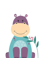 Cute hippo. Poster for baby room. Childish print for nursery. Design can be used for fashion t-shirt, greeting card, baby shower. Vector illustration.