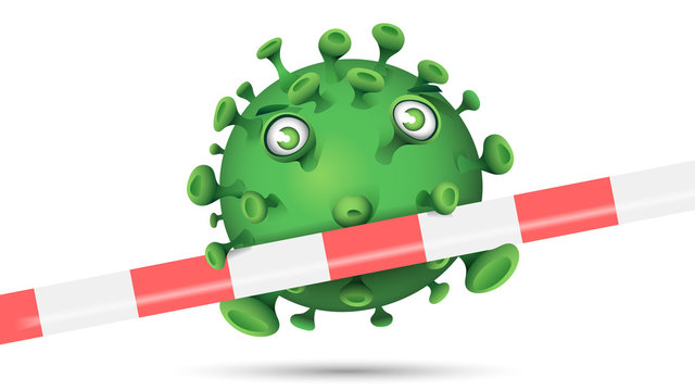 Gr&uuml;ner Virus hinter rot-weissem Absperrband