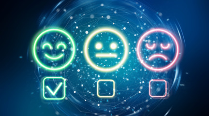 Holographic blue customer satisfaction rating interface 3D rendering