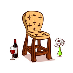 Soft chair isolated on white background.
on the floor is a glass of wine, a bottle of wine and a vase of flowers
