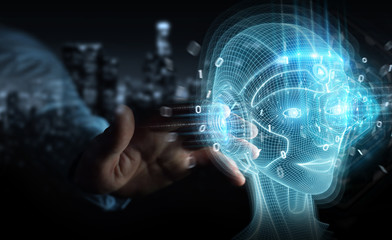 Businessman using digital artificial intelligence head interface 3D rendering
