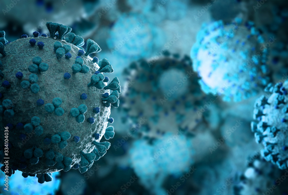Poster microscope close-up of the coronavirus covid-19 disease. 2019-ncov spreading in body. 3d rendering o