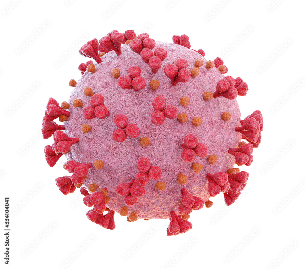 Poster 3D rendering of the coronavirus on a microscopic level isolated on white background. Microscope close-up of the covid-19 disease. 2019-nCoV virus