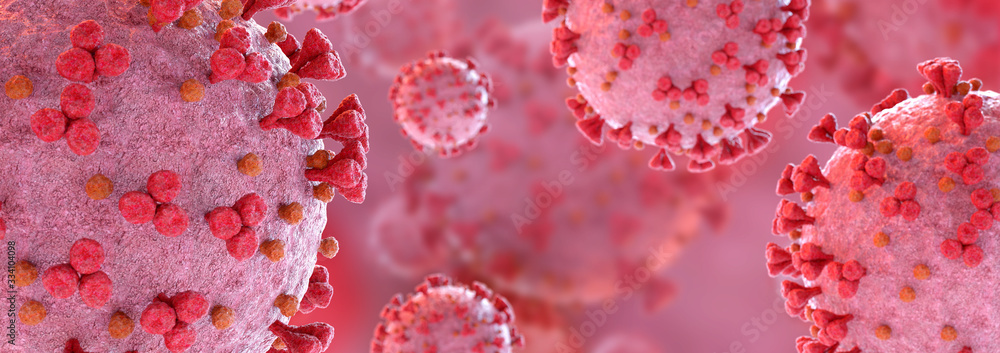 Poster microscopic close-up of the covid-19 disease. coronavirus illness spreading in body cell. 2019-ncov 