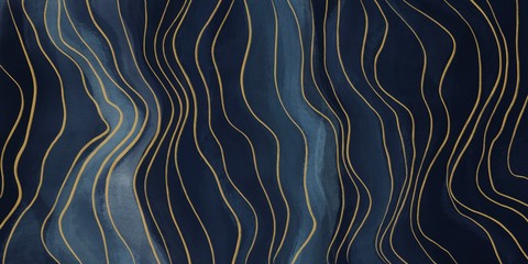 Abstrakte Kunst malen Marineblau mit goldenen geschwungenen Linien für Hintergründe, Banner im Konzeptluxus.