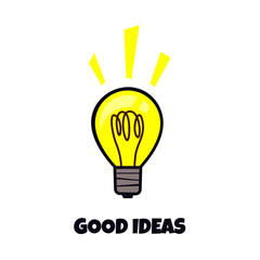 Bright, luminous and stylized light bulb and the inscription of good ideas. Cartoon style light bulb