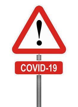 Coronavirus warning sign with exclamation mark. COVID-19 virus danger. 2019-nCoV World pandemic. Object isolated on white. Illustration without reference
