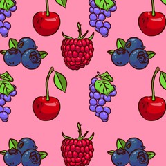 Pattern of various fresh berries on a pink background. Summer mood. Pattern for packaging yogurt or juice. Fresh summer gifts.